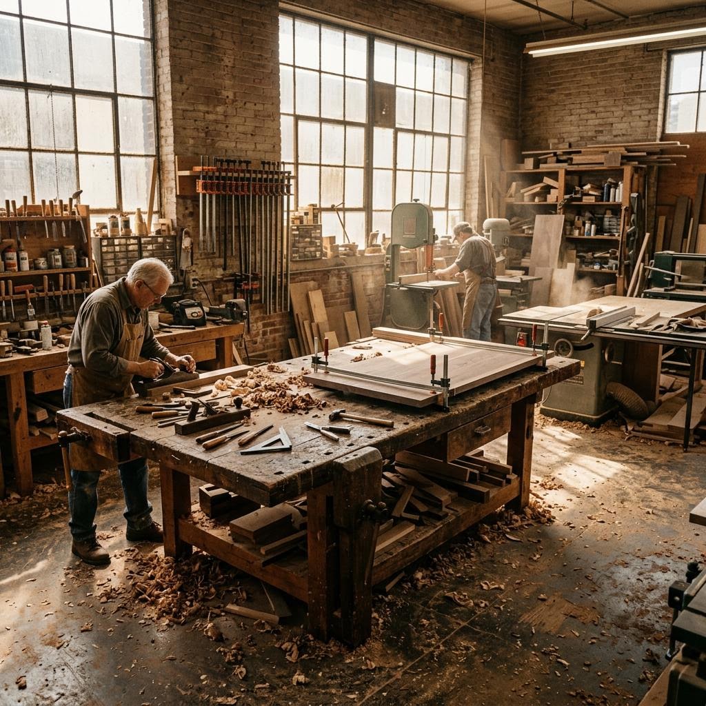 Atmospheric view of a woodworking shop interior